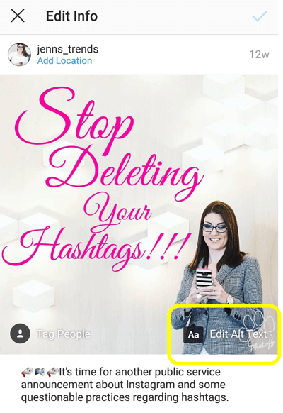 Instagram पोस्ट में ऑल्ट टेक्स्ट कैसे जोड़ें, चरण 6, अपने प्रकाशित पोस्ट के लिए ऑल्ट टेक्स्ट एडिट करने का विकल्प