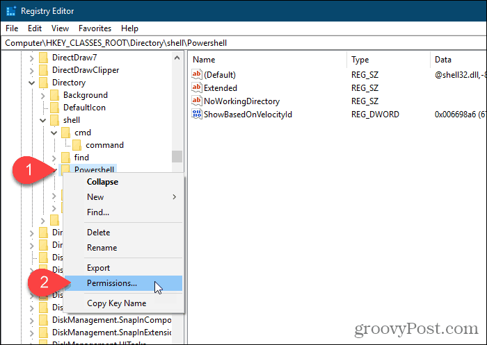 Windows रजिस्ट्री संपादक में पॉवर्सशेल कुंजी के लिए अनुमतियाँ चुनें