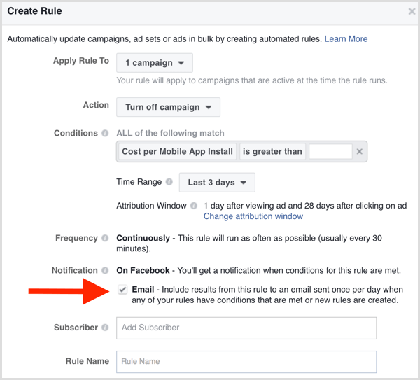 फेसबुक विज्ञापन प्रबंधक स्वचालित नियम ईमेल अधिसूचना