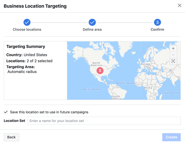 अपने फेसबुक विज्ञापन के लिए स्थान निर्धारित लक्ष्य की पुष्टि करें।