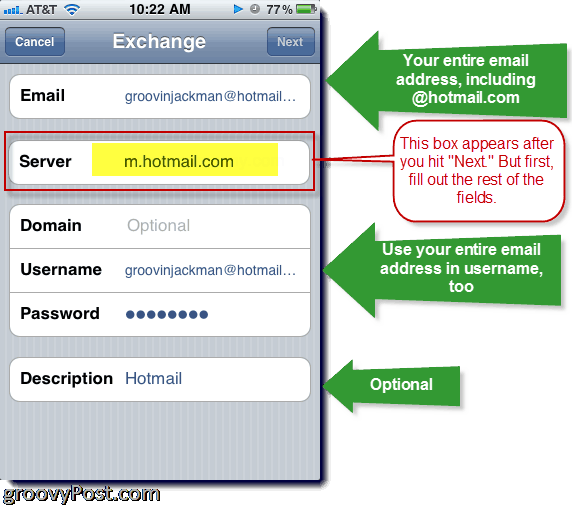 IPhone में Hotmail Exchange ActiveSync जोड़ना