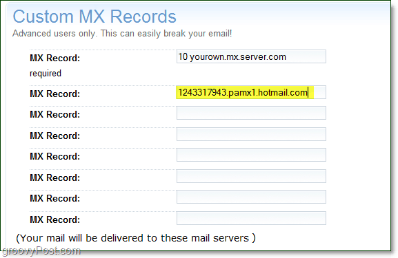 कस्टम एमएक्स रिकॉर्ड के लिए अपने डोमेन उन्नत विकल्प पृष्ठ पर अपनी लाइव सेवाओं एमएक्स सर्वर जानकारी को अतीत में