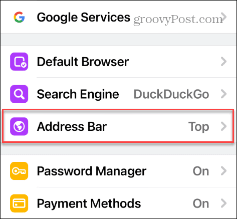 Chrome सेटिंग पता बार