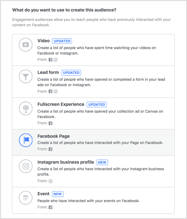 सगाई कस्टम दर्शकों को बनाने के लिए फेसबुक पेज विकल्प चुनें