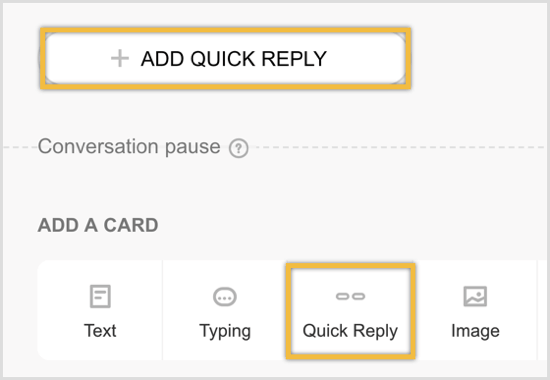 क्विक रिप्लाई कार्ड जोड़ने के लिए क्लिक करें और फिर क्विक रिप्लाई जोड़ें पर क्लिक करें।