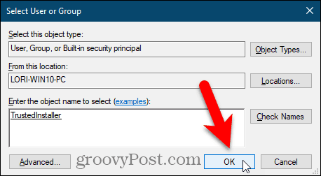 Windows रजिस्ट्री संपादक में उपयोगकर्ता या समूह का चयन करें संवाद बॉक्स बंद करें