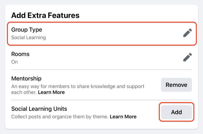 समूह प्रकार विकल्प को उजागर करने वाली एक फेसबुक समूह इकाई सेटिंग्स का उदाहरण