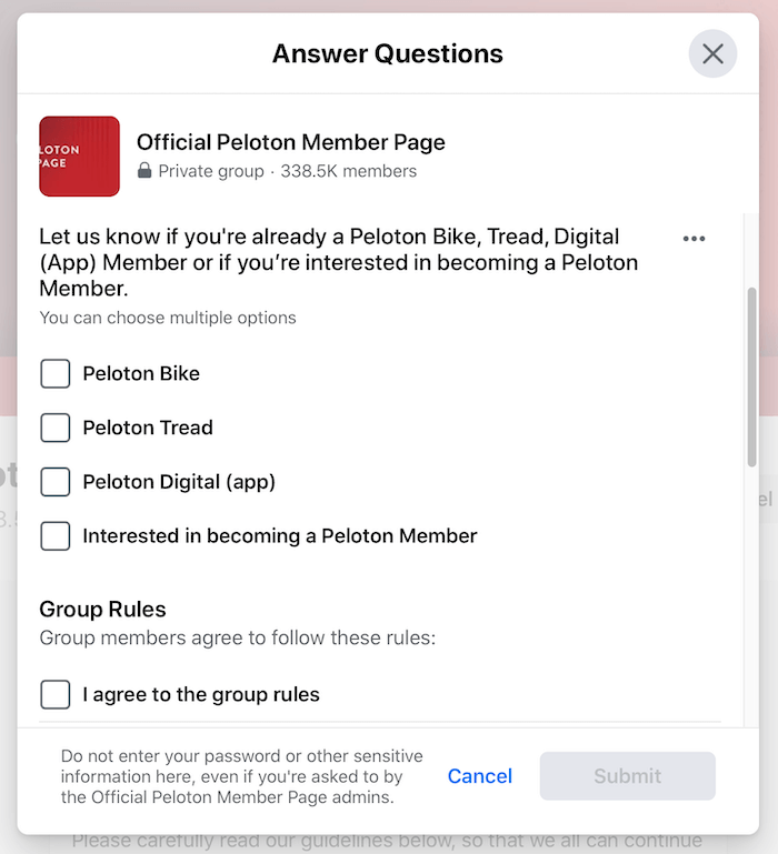 आधिकारिक पेल्टन सदस्य पृष्ठ समूह के लिए फेसबुक समूह स्क्रीनिंग प्रश्नों का उदाहरण