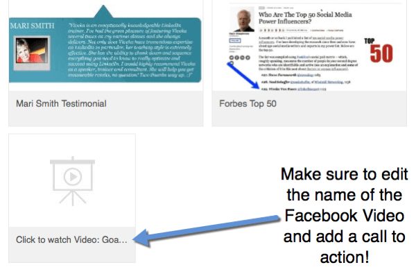 जब आप अपनी प्रोफ़ाइल में फेसबुक वीडियो लिंक जोड़ते हैं, तो वीडियो देखने के लिए कॉल टू एक्शन शामिल करने के लिए शीर्षक संपादित करें।