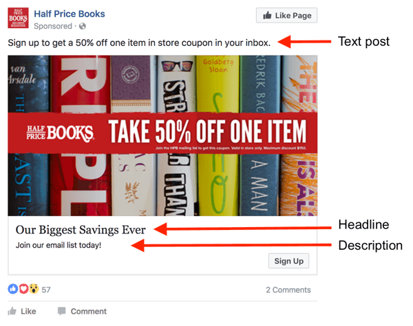 फेसबुक विज्ञापन में टेक्स्ट के लिए तीन क्षेत्र हैं।