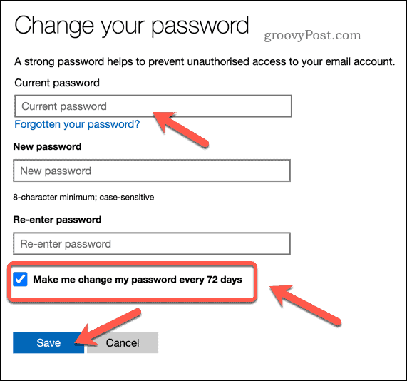 Microsoft खाते में पासवर्ड की समाप्ति सेट करें