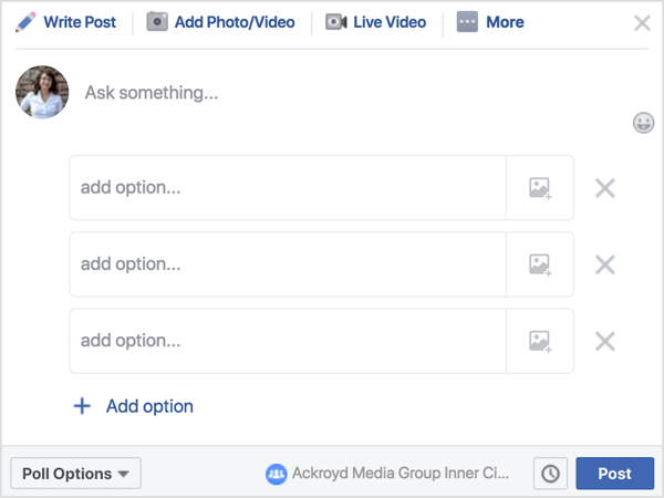 फेसबुक ग्रुप पोस्ट में, पोल पर क्लिक करें और फिर एक प्रश्न लिखें या शीघ्र लिखें। 