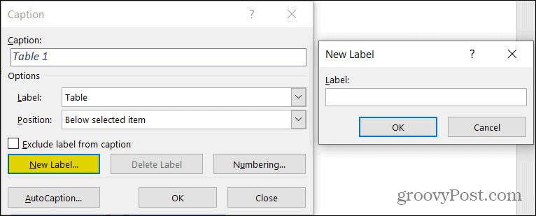 वर्ड में नया कैप्शन लेबल