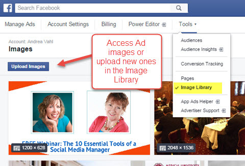 फेसबुक विज्ञापन प्रबंधक छवि पुस्तकालय पहुंच