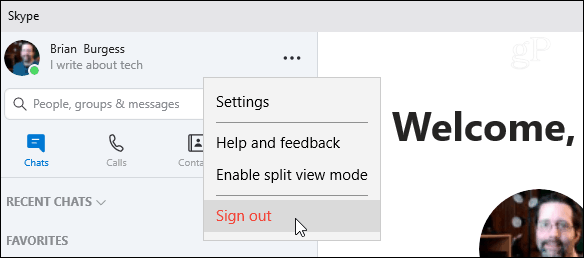 साइन आउट स्काइप आधुनिक विंडोज 10