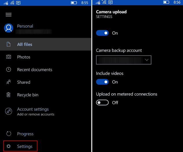 OneDrive पर Windows 10 मोबाइल स्वचालित रूप से वापस करें