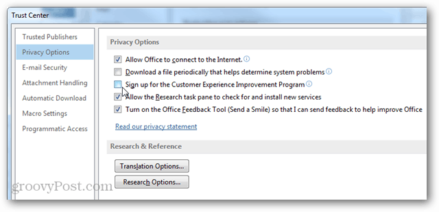 Microsoft Office ग्राहक अनुभव सुधार कार्यक्रम का ऑप्ट-आउट कैसे करें