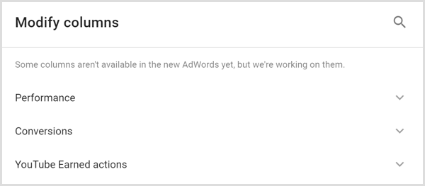 Google AdWords विश्लेषिकी कॉलम स्क्रीन को संशोधित करती है