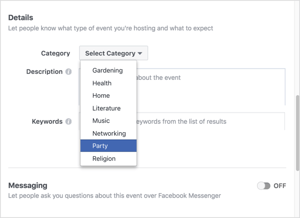 वह श्रेणी चुनें जो आपके वर्चुअल फेसबुक ईवेंट का सबसे अच्छा वर्णन करता है।