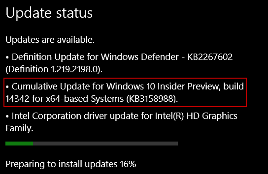 पीसी के लिए विंडोज 10 अपडेट KB3158988 प्रीव्यू बिल्ड 14342 के लिए