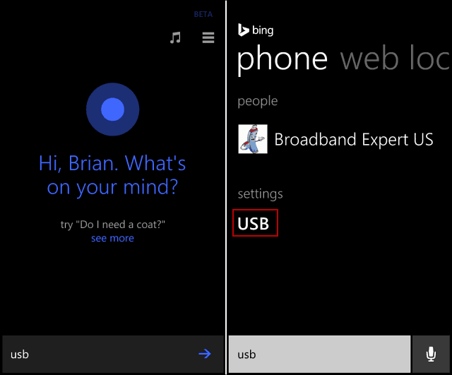 Cortana USB खोज