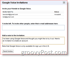 Google Voice आमंत्रण स्क्रीनशॉट