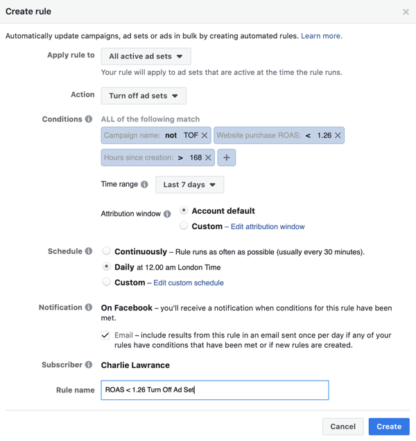फेसबुक स्वचालित नियमों का उपयोग करें, जब ROAS न्यूनतम, चरण 4, नियम नाम से नीचे आता है, तो विज्ञापन सेट रोक दें