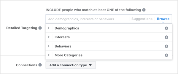 फेसबुक विज्ञापनों के लिए विस्तृत लक्ष्यीकरण विकल्प ब्राउज़ करें।