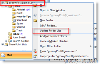 Outlook 2007 नेविगेशन टूलबार में iMAP GMAIL फ़ोल्डर सूची अपडेट करें