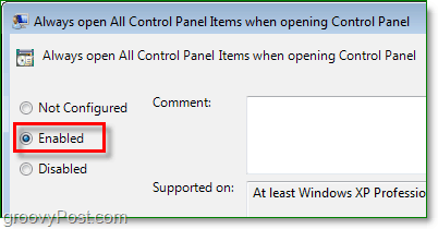 विंडोज़ 7 में हमेशा सभी कंट्रोल पैनल आइटम खोलने के लिए सक्षम विकल्प