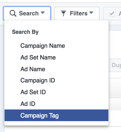 टैग द्वारा फेसबुक विज्ञापन अभियानों की खोज करें।