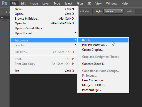 फ़ाइल स्वचालित बैच फ़ोटोशॉप बैच सुविधा मेनू पैनल संपादित करें