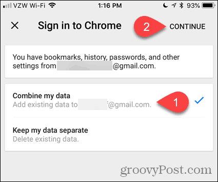 IOS के लिए Chrome में मेरा डेटा संयोजित करें