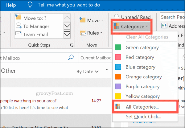 Outlook में रंग श्रेणियों के लिए मेनू को वर्गीकृत करें