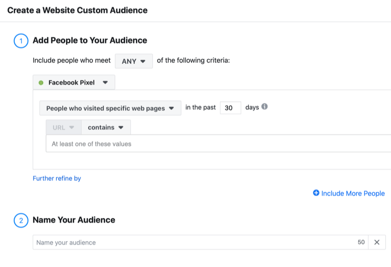 उदाहरण फ़ेसबुक एक वेबसाइट कस्टम ऑडियंस मेनू बनाता है, जिसमें किसी भी ऐसे लोगों को जोड़ने के विकल्प शामिल हैं, जो गए पिछले 30 दिनों में विशिष्ट वेब पेज फेसबुक पिक्सेल का उपयोग करके अपने दर्शकों को नाम देने के विकल्प के साथ
