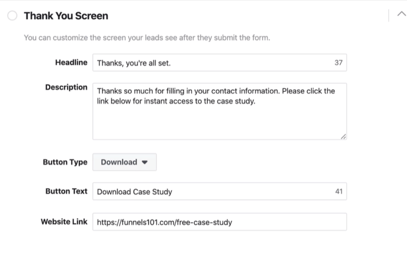 फेसबुक लीड फॉर्म सेटअप प्रक्रिया का शुक्रिया स्क्रीन सेक्शन