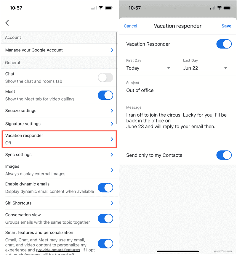IPhone पर जीमेल ऑफिस वेकेशन रिस्पॉन्डर से बाहर है