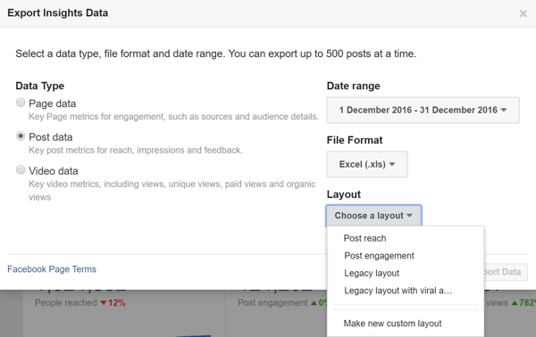 अपने फेसबुक पोस्ट डेटा इनसाइट्स को निर्यात करते समय एक लेआउट चुनें।