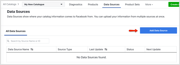 Facebook कैटलॉग प्रबंधक में डेटा स्रोत टैब पर डेटा स्रोत बटन जोड़ें