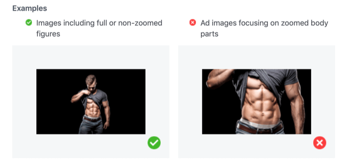 फेसबुक विज्ञापनों के लिए शरीर के अंगों को ज़ूम करके दिखाने वाली स्वीकार्य और अस्वीकार्य तस्वीरें