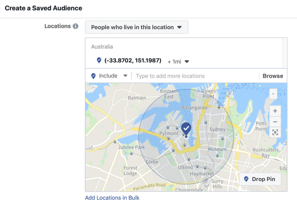 फेसबुक पर अपने लाइव इवेंट को कैसे बढ़ावा दें, चरण 5, घटना स्थान के आधार पर सहेजे गए दर्शकों को बनाने का विकल्प