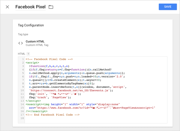 Google टैग प्रबंधक में, कस्टम HTML विकल्प पर क्लिक करें और उस ट्रैकिंग कोड को पेस्ट करें जिसे आपने फेसबुक से HTML बॉक्स में कॉपी किया है।