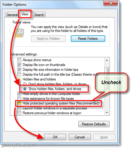 विंडोज़ 7 को छिपी हुई और सिस्टम फ़ाइलों को प्रदर्शित करने की अनुमति दें