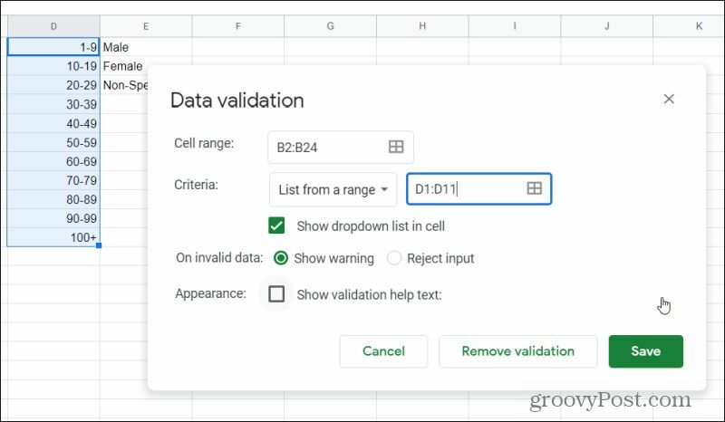 Google पत्रक में डेटा सत्यापन विंडो