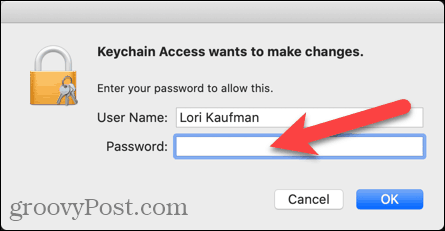 किचेन एक्सेस के लिए उपयोगकर्ता नाम और पासवर्ड दर्ज करें