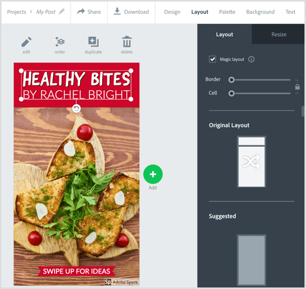 एडोब स्पार्क पोस्ट में एक लेआउट का चयन करें।