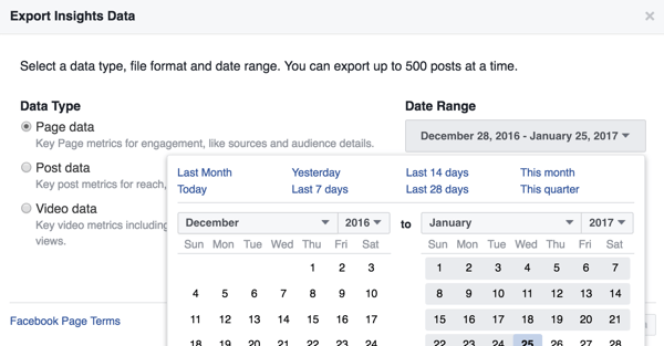 आपके द्वारा डाउनलोड किए जा रहे फेसबुक इनसाइट्स डेटा की तारीख सीमा को आप बदल सकते हैं।