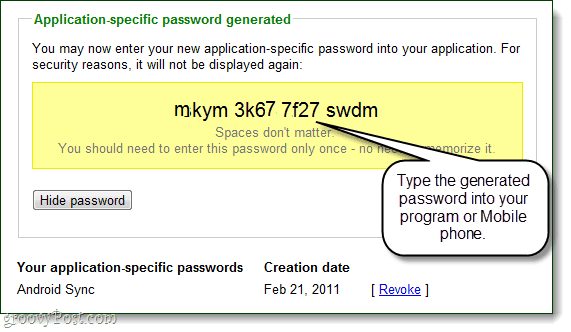 आपके खाते के लिए Google द्वारा उत्पन्न एक एप्लिकेशन-विशिष्ट पासवर्ड