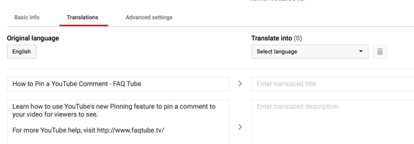 अपने YouTube वीडियो के लिए अनुवाद टैब पर, अनुवादित शीर्षक और विवरण दर्ज करें।