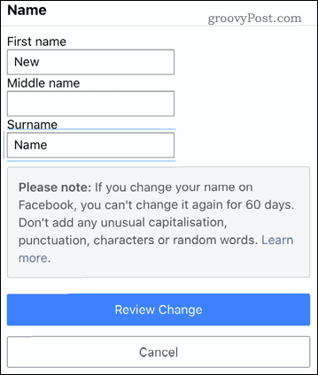 फेसबुक मोबाइल ऐप में एक नाम का संपादन